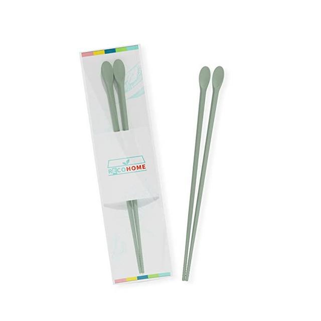 RECOHOME Reusable Long Silicone Cooking Chopsticks with Spoon 12 Inches Dishwasher Safe BPA-free Non-Slip Pastel Color Kitchen utensils Made in Korea (Pastel Green)