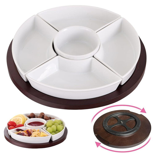 Unilives Chip and Dip Serving Set, Divided Serving Tray Wooden Lazy Susan with Removable Dipping Bowls, 360° Rotatable Porcelain Fruit Trays for Serving for Party, Appetizer, Chips, Fruits, Snack