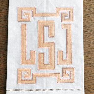 Greek Key Framed Linen Applique Monogram Guest Towel, Hand Towel. Blue Bamboo Embroidery