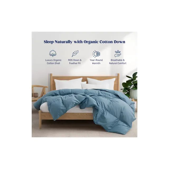 Puredown All Season 100% Organic Cotton Down Duvet Insert Medium Warmth Comforter, Navy, Full/Queen