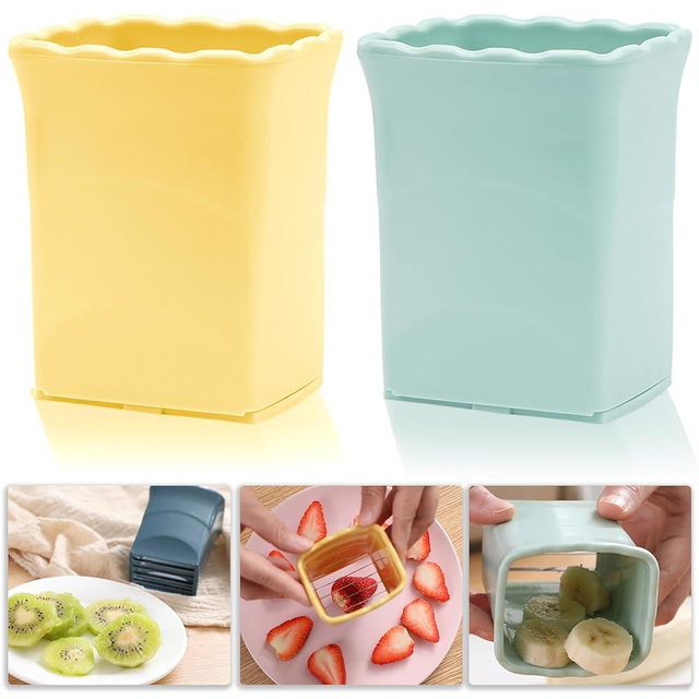 TULOBI 2 PCS Cup Slicer, Stainless Steel Egg Stainless, Strawberry Slicer, Mini Fruit Slicer Cup, Quickly Making Fruit Vegetable Salad, Creative Convenient Kitchen Gadget (Yellow + Cyan)