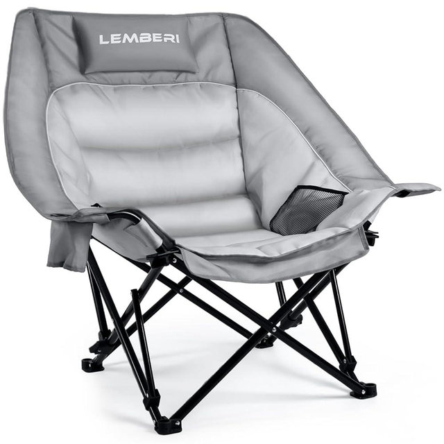 PRETZI Outdoor Oversized Camping Chair, Heavy Duty Support 500 LBS for Adults, Portable Folding Wide Lawn Chair with Headrest Support and Cup Holder, Low Camping Chair for Fishing, Garden, Grey