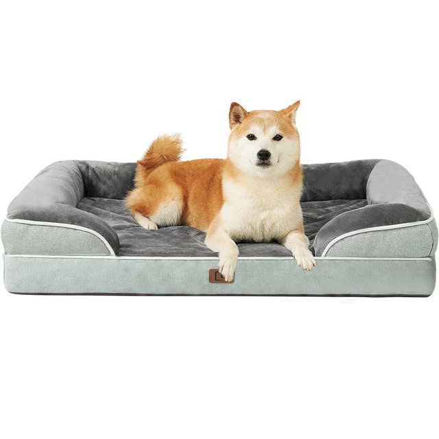 EHEYCIGA Orthopedic Dog Beds for Large Dogs, Waterproof Memory Foam Large Dog Bed with Sides, Non-Slip Bottom and Egg-Crate Foam Large Dog Couch Bed with Washable Removable Cover, Greyish Green