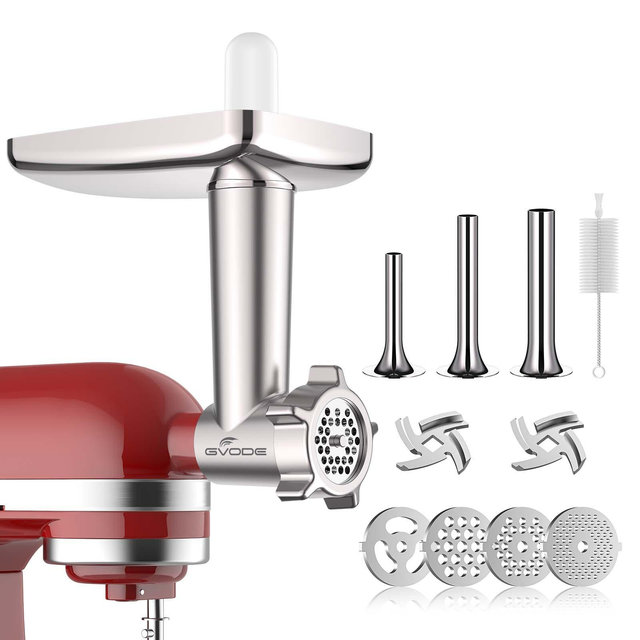 Gvode Meat Grinder Attachment, Compatible with KitchenAid®, 4 Plates, 3 Sausage Tubes & 2 Blades