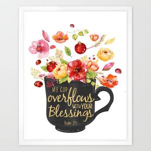 Eleville 8X10 My cup overflows with your blessings Real Gold Foil and Floral Watercolor Art Print (Unframed) Bible Quote Office Wall Art Home Decor Inspirational Holiday Birthday Wedding Gift WG048