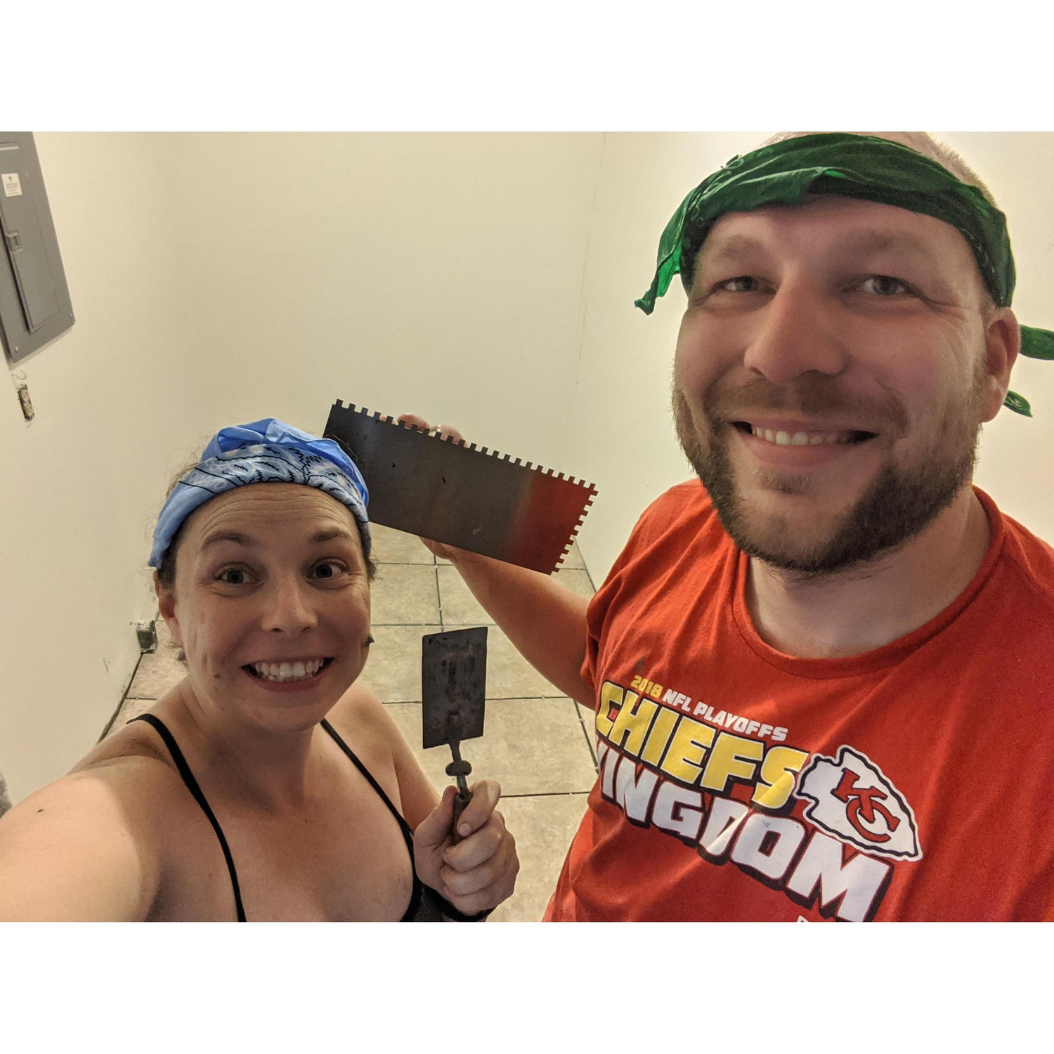 The first of many home renovation projects to come...tiling the laundry room at Amy's house.