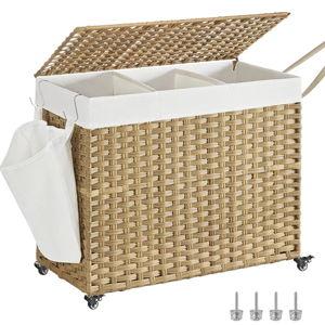 SONGMICS Laundry Hamper with Lid, 42.3 Gallons (160 L), Rolling Laundry Basket with Wheels, 3-Section Synthetic Rattan, Removable Liner, Bedroom, 29.9 x 13 x 26 Inches, Natural ULCB365N01