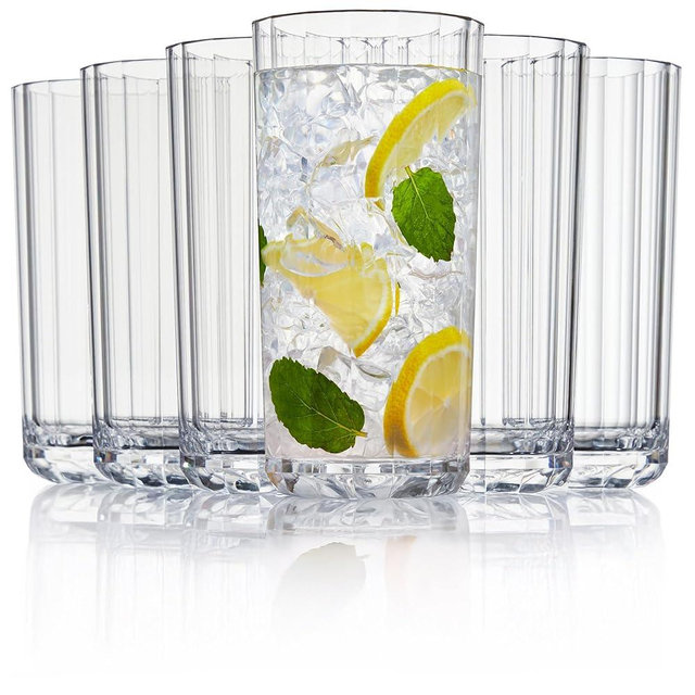 US Acrylic Faceted Clear Plastic Reusable Drinking Glasses (Set of 6) 18oz Water Cups | BPA-Free Tumblers, Made in USA | Top-Rack Dishwasher Safe