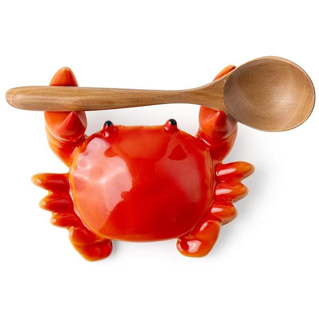 Coffee Spoon Rest for Countertop, Tiny Ceramic Crab Spoon Rest for Lightweight Spoon, Cute Spoon Holder for Kitchen Counter, Suit for Flatware, Heat-Resistant, Microwave-safe Kitchen Decor (Red)