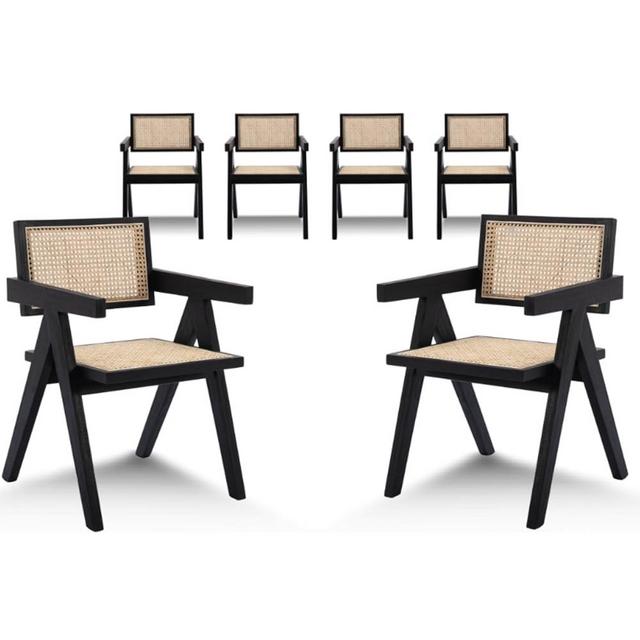 Rattan Dining Chairs, Modern Mid Century Wicker Armchair Comfy Side Chair Solid Wood Boho Kitchen Chairs with Cane Back and seat for Kitchen Dining Room café Restaurant Bistro, Black Wood Set of 6