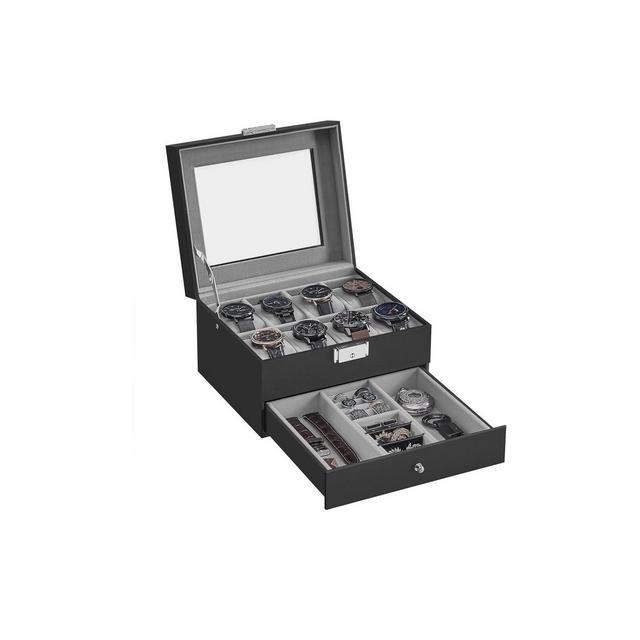 SONGMICS 8-Slot Watch Box Lockable Watch Case with Glass Lid 2 Layers for Rings Bracelets Black Synthetic Leather Greenish Gray Lining