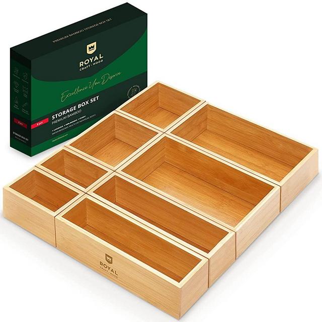 Luxury Bamboo Drawer Organizer Storage Box / Bin Set - Multi-Use Drawer Organizer for Kitchen, Bathroom, Office Desk, Makeup, Jewelry (8 Boxes)
