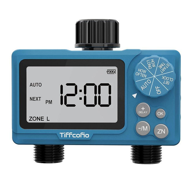 TiFFCOFiO Sprinkler Water Timer Outdoor, 2 Outlets Digital Pogrammable for Garden Hose, Irrigrtion Timer with Rain Delay and Manual Mode (1 Pack)