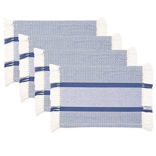 Sticky Toffee Cotton Woven Placemat Set with Fringe, Traditional Diamond, 4 Pack Placemats, Blue, 14 in x 19 in
