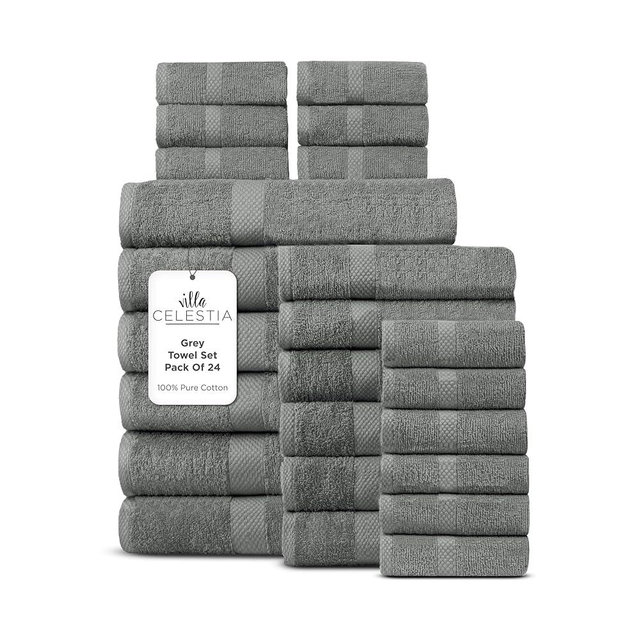 Villa Celestia 100% Cotton Bath Towel Set of 24-6 Bath Towels, 6 Hand Towels, 12 Wash Cloths, Sustainable, Soft, Highly Absorbent, Combed Cotton 24 Piece Set for Hotels, Spa, Bathroom, Dorm, Grey