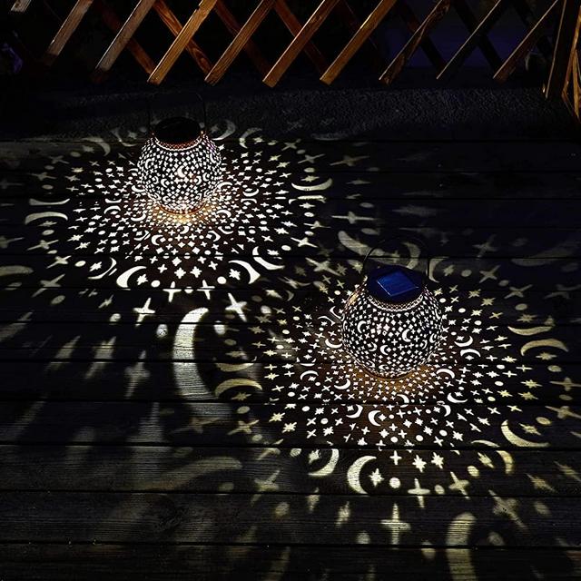 Solar Garden Lanterns Outdoor Hanging Lights Metal Moon Decorative LED Table Lamps for Balcony, Patio, Yard Decorations Waterproof (2Pack,Bronze)