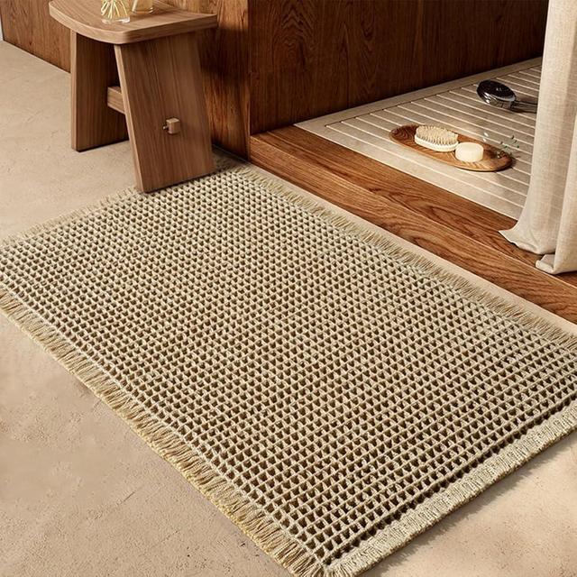 IM HOME Waffle Bath Mat Beige 32"x20", Boho Woven Modern Bathroom Rug Mat, Absorbent Non Slip Bathroom Floor Mat, Soft Washable Bath Rugs with Tassels for Bathroom, Bedroom, Kitchen, Shower, Tub