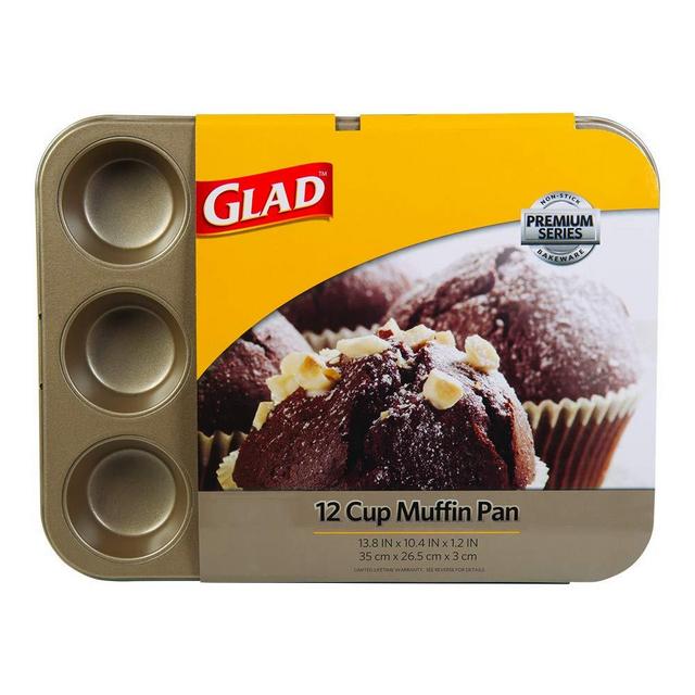 Glad Cupcake and Muffin Pan – Premium Non-Stick Oven Bakeware, Whitford Gold, 12-Cup