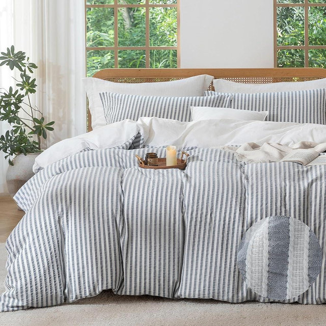 MILDLY Striped Duvet Cover Set - 100% Washed Cotton Charcoal Grey Boho Jacquard Textured Comforter Cover 3pcs with Zipper Closure 90"x90"
