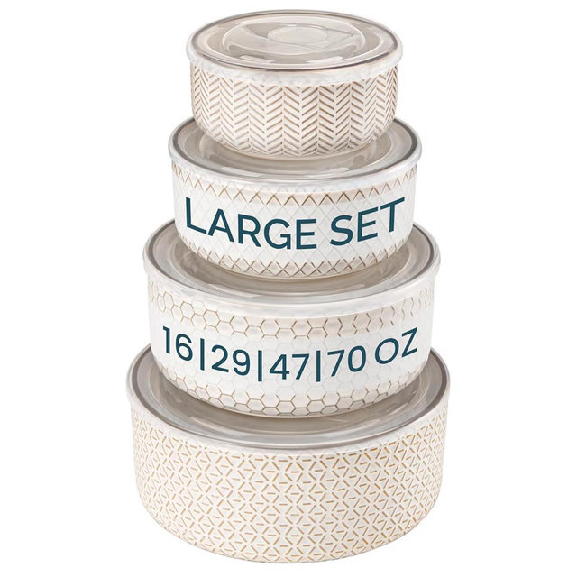 KooK Ceramic Nesting Bowls with Lids, Large Set, Embossed, Food Storage Containers, Kitchen Bowl Set, Cream with Accents, Set of 4, 16/29 / 47/70 oz, Narbonne Collection
