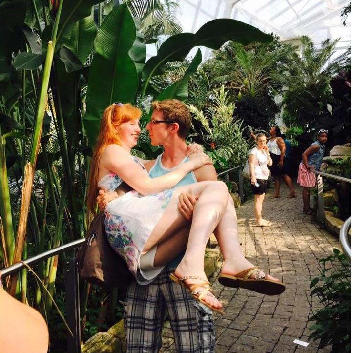 Hilary's 25th Birthday at the Butterfly Conservatory! Our friend told us to be cute so Marek picked me up, thankfully I was wearing shorts!