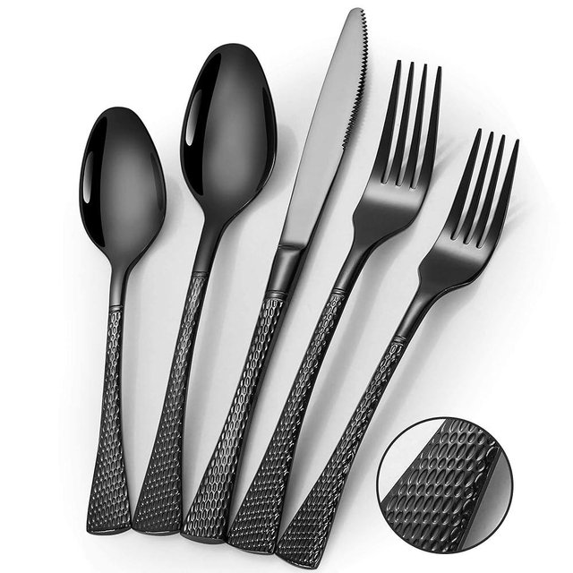Lemeya Hammered Black Silverware Set for 8,Stainless Steel 40-Piece Modern Cutlery Set,Mirror Polished Heavy Duty Flatware Set Utensil Set,Knives Spoons and Forks Set,Dishwasher Safe