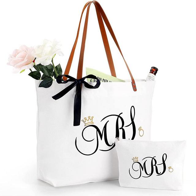 ACCERLY Canvas Tote Bag with Zipper for Women, Large Bride Tote Bag with Makeup Bag, Shoulder Bag Beach Bag, Bridal Shower Gift, Engagement Present, Wedding Gift (21.5*14.8*6.3 inch)