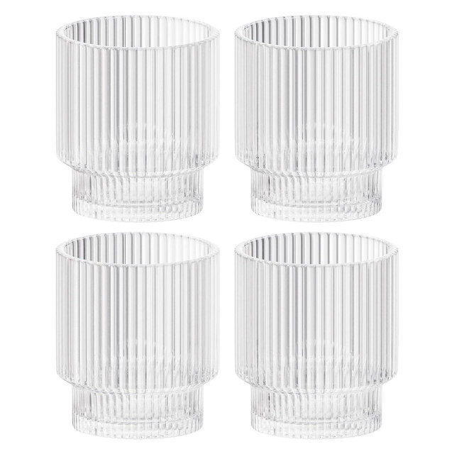 American Atelier Vintage Art Deco 9 oz. Fluted Drinking Glasses Set of 4, Old Fashion Tumbler for Cocktails, Ribbed Lowball Glass Cup, Clear