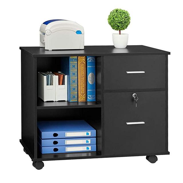 GreenForest 2 Drawers File Cabinet Wooden Lateral File Cabinet with Open Storage Shelves Printer Stand Rolling File Cabinets with Lock for Letter Size or A4 Hanging File Folders, Black