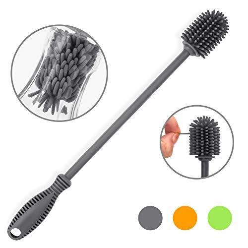 Silicone Bottle Cleaning Brush with Long Handle, BPA Free 12.5" Water Bottle Cleaner for Baby Bottles, Hydro Flask, Sports Bottle, Vase, Glassware, Perfect for Smaller Diameter Bottle Openings (Gray)