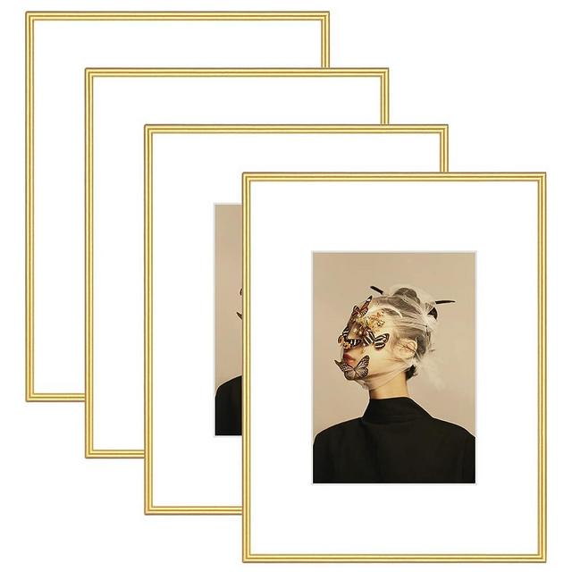 Fkvat 9x12 Picture Frame Set of 4, Matted Gold Simple Modern Thin Aluminum Metal Photo Frame Fits 6x8 with Mat or 9x12 without Mat Photo. Display for Tabletop or Wall Collage. (9x12 Gold).