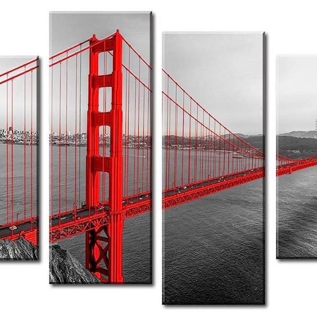 Golden Gate Bridge Wall Art Bedroom Decor Red San Francisco Skyline Building Poster Framed Canvas Prints Cityscape Painting Artwork for Office Home Kitchen Living Room Decorations