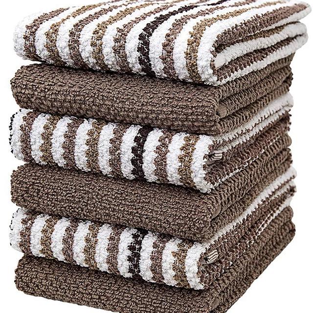 Premium Kitchen Towels (16”x 26”, 6 Pack) – Large Cotton Kitchen Hand Towels – Popcorn Striped Design – 430 GSM Highly Absorbent Tea Towels Set with Hanging Loop – Tan