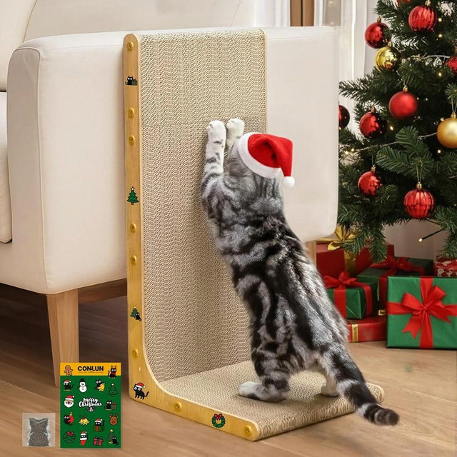 Conlun Cardboard Cat Scratcher,23 Inch L Shape Scratch Pad Wall Mounted,Vertical Scratching Board, Durable Cardboard to Protect Furniture for Indoor Cats,Wood Grain Large