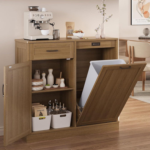 LOUVIXA Double Tilt Out Trash Cabinet, Kitchen Island with Trash Storage, Trashcan Cabinet for Kitchens, Wood Cabinet with Trash Can Pull Out, Dog Proof Trash Can (Light Coffee, 10 Gal)