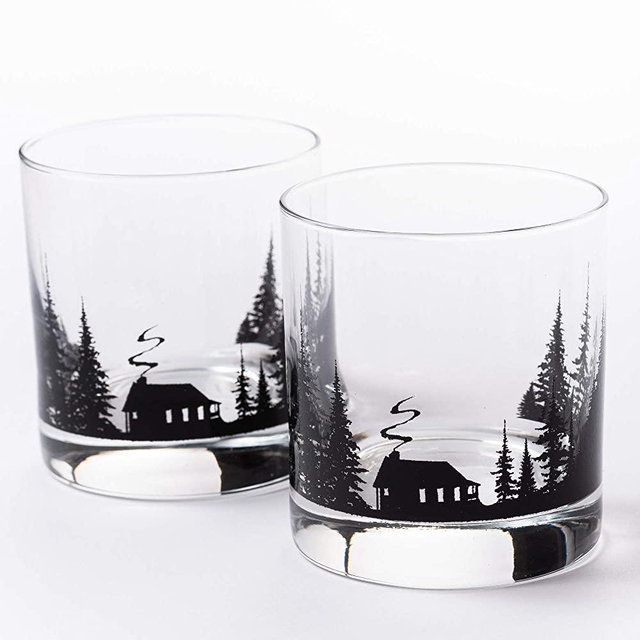 Whiskey Glasses by Black Lantern – Handmade Whiskey Glass Set and Bar Glasses – Cabin in the Forest Design (Set of Two 11oz. Glasses)