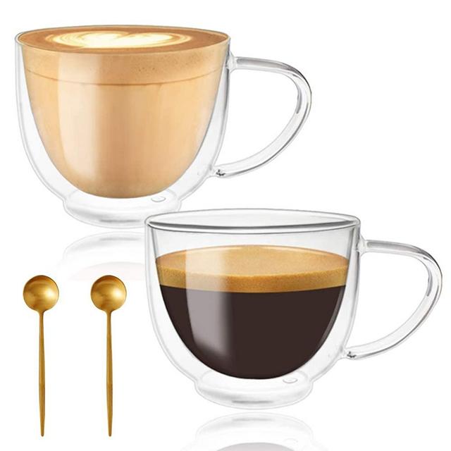 Coffee Mugs Set of 2, Glass for Coffee&Tea, Double Wall Insulated Glass Mugs with Large Handle, Clear Mugs Each 6.7 Ounces, 200ml, Perfect for Espresso, Latte, Cappuccinos and Beverage.