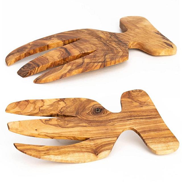 Bayu Olive Wood Handmade Salad Servers Serving Hands Tosser - Salad Servers Tongs – Best for Serving Salad, Pasta, Fruit, Kitchen Helper and Spoon Rest – Pack of 2