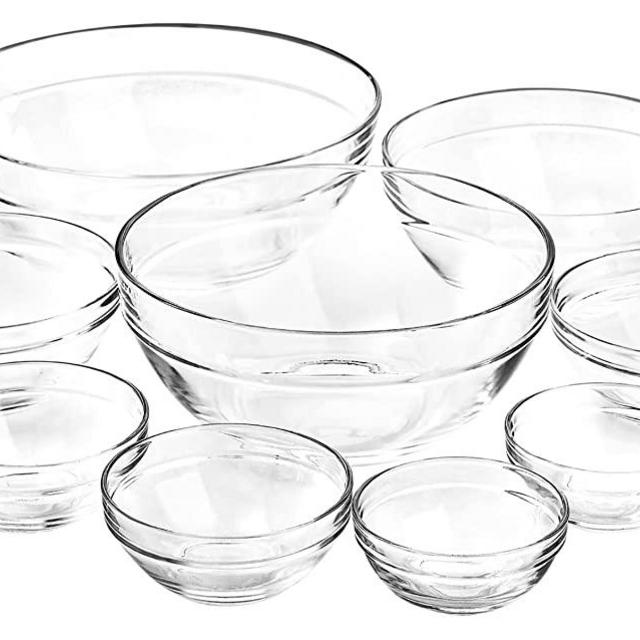 Lawei Set of 9 Glass Mixing Bowls - Glass Nesting Bowls Glass Prep Bowls Clear Glass Salad Bowls for Kitchen Prep Salad, Cereal, Ice Cream, Pasta, Fruits