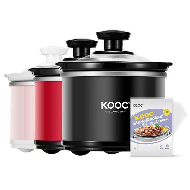 KOOC Small Slow Cooker, 0.65-Quart, Free Liners Included, Upgraded Ceramic Pot, Nutrient Loss Reduction, Sauces, Stews & Dips, Stainless Steel, Black, Round