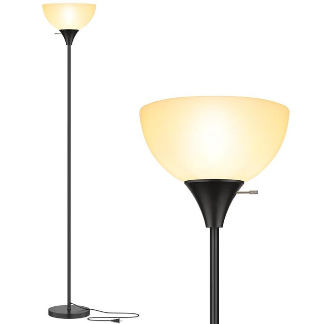 Coucrek Floor Lamp, LED Standing Lamps with White Plastic Shade, Black Modern Torchiere Floor Lamp, Tall Lamps for Living Room Dorm Bedroom Office, Rotary Switch, E26 Base, Bulb not Included