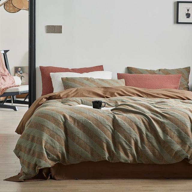 VM VOUGEMARKET Linen Cotton Bedding Striped Duvet Cover King,3 Pieces Green Brown Diagonal Stripes Duvet Cover Sets,Modern Simple Jacquard Comforter Cover with Zipper Ties