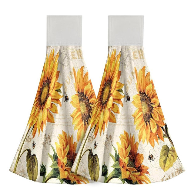 Giwawa Sunflower Bee Kitchen Hanging Towel Set of 2 Yellow Flower Hand Tie Towel with Loop & Hook Vintage Style Floral Microfiber Dish Towel Washcloth for Bathroom Laundry Room Farmhouse Decor