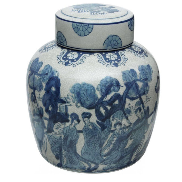 Red Lantern 10" Ladies Blue & White Porcelain Ginger Jar