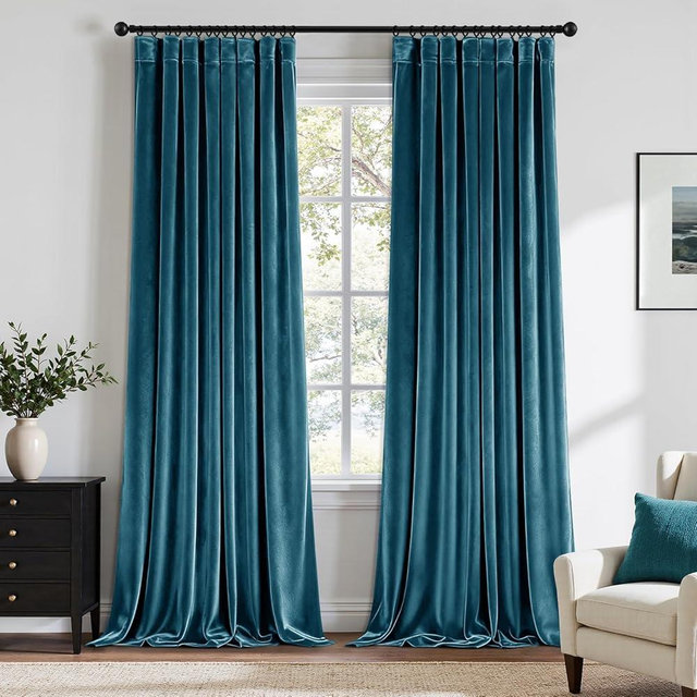 ANRODUO Peacock Blue Velvet Curtains 108 Inches Long Blackout Thermal Insulated Soundproof Curtain Privacy Room Darkening Curtains Pinch Pleat Window Drapes for Bedroom Living Room Set of 2