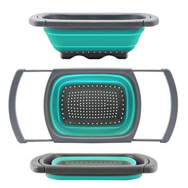 Qimh Colander collapsible, Colander Strainer Over The Sink Vegetable/Fruit Colanders Strainers With Extendable Handles, Folding Strainer for Kitchen,6 Quart (Malachite green)