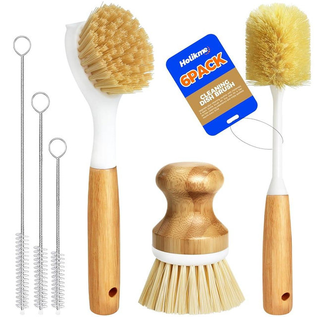 Holikme 6 Pack Dish Brush Kitchen Brushes Set with Vegetable Palm Brush, Bottle Brush, Dish Brush and Straw Brush, Fruit Cleaning Brushes for Cleaning Potato, Amarillo