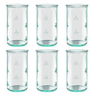 Amici Home Regina Hiball Glass | 18 Oz | Italian Made, Recycled Green Glass | Drinking Glass with Embossed Bee Design for Water, Juice, Iced Tea, Cocktails (Set of 6)