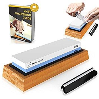 Premium Knife Sharpening Stone 2 Side Grit 1000/6000 Whetstone | Best Kitchen Knife Sharpener Waterstone | NonSlip Bamboo Base & Angle Guide
