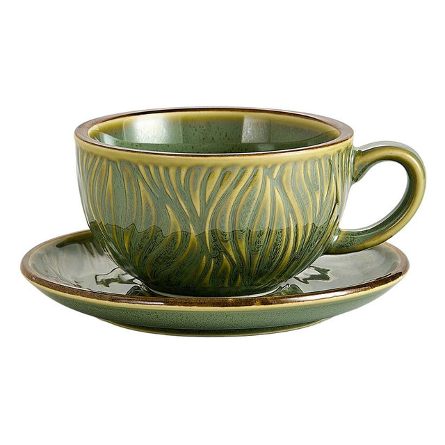 Coffeezone Vintage Design 12 oz Ceramic Latte Art Cappuccino Barista Cup with Saucer (Wave Green)